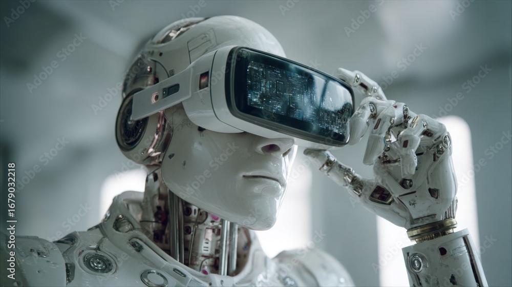 Poster a humanoid robot with intricate mechanical details engages with virtual reality goggles, observing a