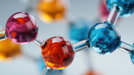 Close-up view of a molecular structure showing vibrant colored atoms interconnected by metallic bonds. This representation emphasizes the beauty of scientific design and atomic interactions.