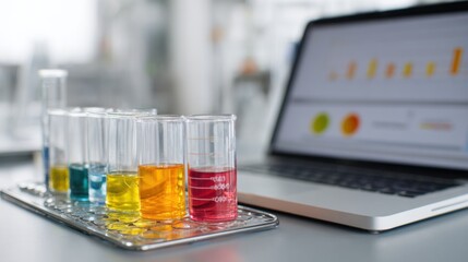 Brightly colored liquids in test tubes sit on a tray beside a laptop displaying data analysis. The setting appears modern and well-equipped for scientific research.