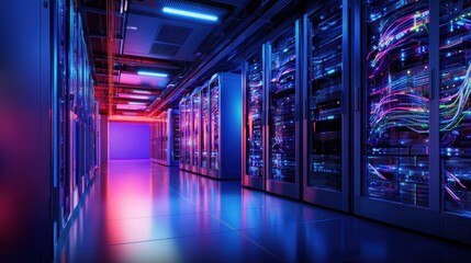 Vibrant data center corridor illuminated with colorful lights, showcasing advanced server technology