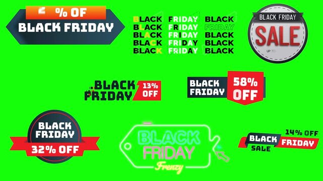 A diverse collection of promotional sale stickers and discount offer banners isolated on a green screen for chroma key compositing