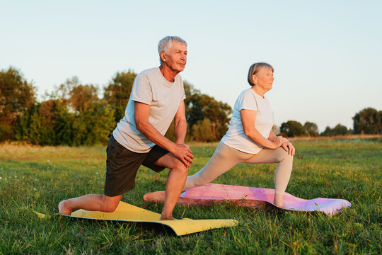 Active elderly couple in a park, doing a lunge stretch on yoga mats. Peaceful outdoor fitness, healthy senior lifestyle, and wellness. - Powered by Adobe