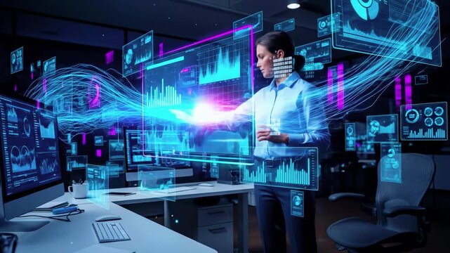 Business professional interacting with holographic data in a modern office environment at night
