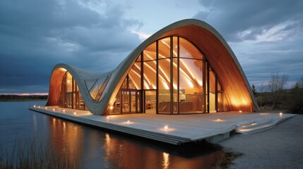 Obraz premium A stunning building with flowing curves and large glass windows sits on a calm lake shore. Soft lights illuminate the structure as twilight casts a serene glow over the water.