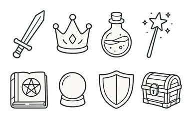 Fantasy icons: sword, crown, potion, wand, book, crystal ball, shield, chest