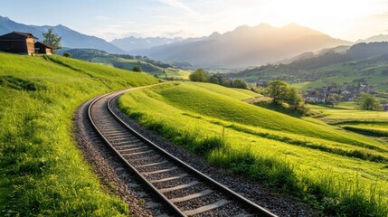 Obraz premium Scenic Train Tracks Curving Through Lush Green Hills Under Golden Sunset in Picturesque Mountain Landscape