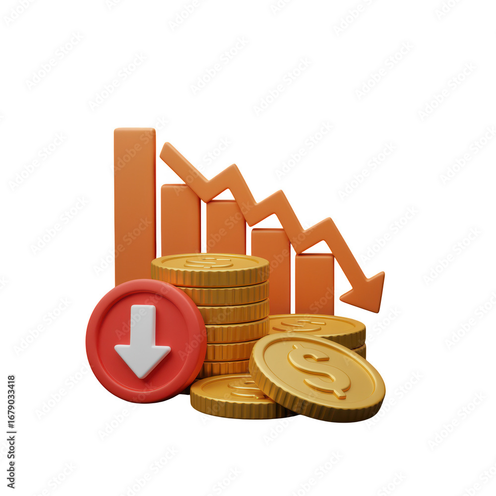 Poster 3d financial chart with falling arrow and coins isolated on transparent background