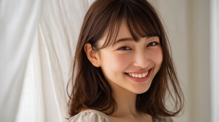 A smiling Japanese woman exuding joy, with a playful expression. This concept captures vibrant energy, innocence, and fun, creating a positive and uplifting mood.