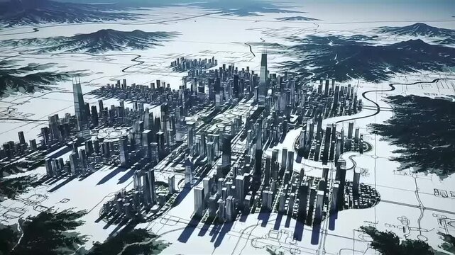 Aerial View of a Futuristic Digital City Blueprint in a Mountain Valley.