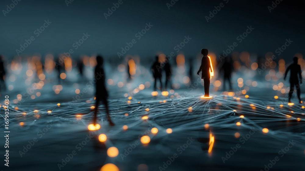 Poster a conceptual image of glowing, illuminated figures standing on a network of lines, symbolizing conne