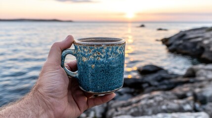 Hand Holding a Blue Mug Against a Scenic Sunset Over Calm Waters with Rocky Shoreline in Background