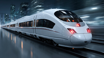 Fototapeta premium A modern high-speed train speeds through a futuristic urban tunnel, showcasing cutting-edge transportation technology and sleek design.