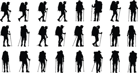 Silhouette of hikers with backpacks and trekking poles in various walking poses showing outdoor adventure, hiking activity, travel, exploration, and nature lifestyle