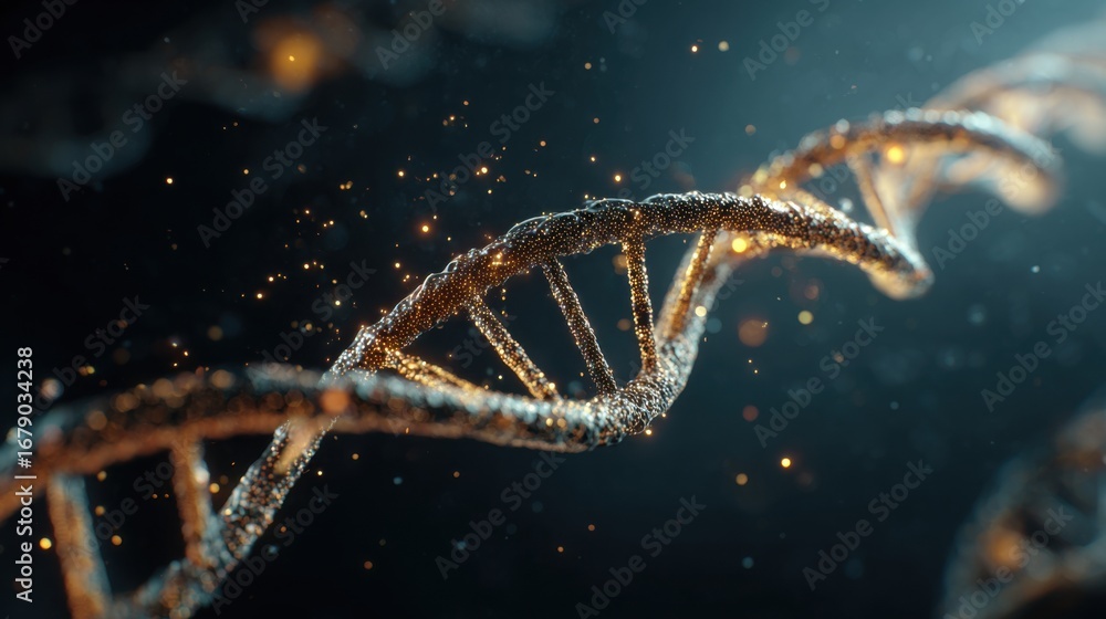 Poster a detailed look at the double helix structure of dna as shimmering particles surround it in a dark e