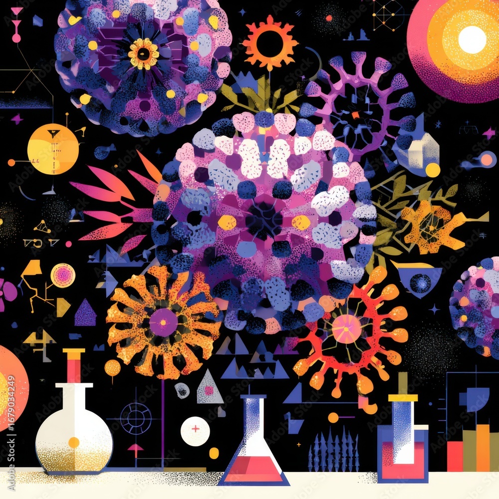 Aufkleber bright, colorful visuals showcase various virus-like structures alongside laboratory equipment, crea