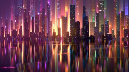 Seamless loop futuristic city skyline equalizer, neon skyscrapers music beats, holographic billboards flickering, cyberpunk city night glow, smooth animation, infinite loop abstract music background - Powered by Adobe