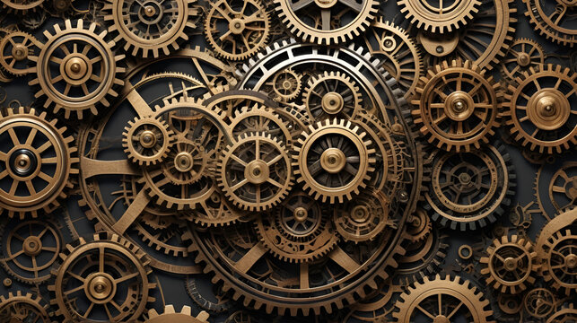 Intricate arrangement of steampunk style gears and cogs on transparent background