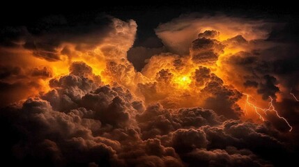 Dramatic Storm Clouds Illuminated by Fiery Lightning and Glowing Sunset in Dark Sky Background