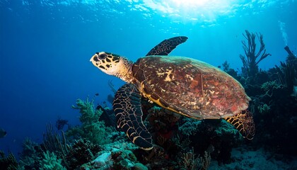 Obraz premium Majestic sea turtle gracefully gliding through vibrant underwater coral reef.