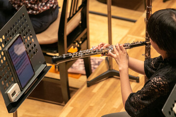 Oboe Player Performing on Stage with Sheet Music Stand