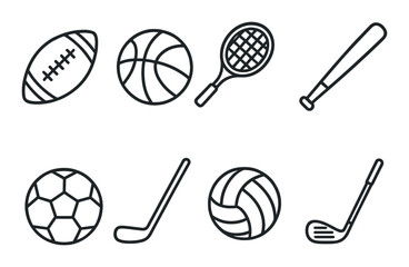 Collection of eight black sports icons featuring various balls and equipment on dark background