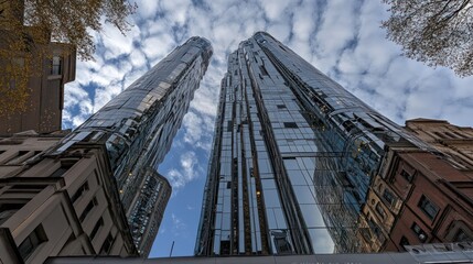 Modern skyscrapers reaching towards a cloudy sky with reflections of urban buildings on glass surfaces