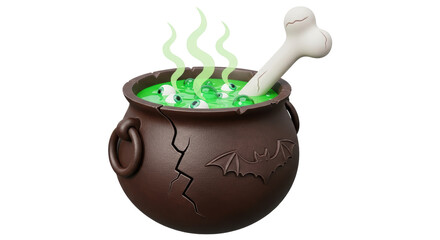 Isolated Halloween Cauldron with Green Potion and Bone