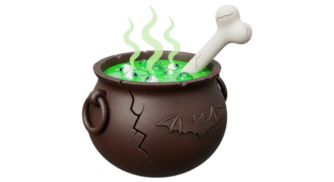 Isolated Halloween Cauldron with Green Potion and Bone