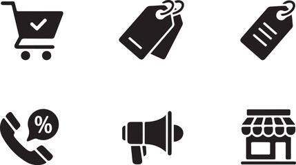 Collection of six black and white icons representing shopping and sales concepts