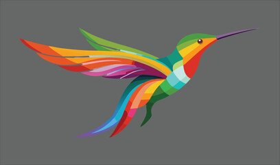 Obraz premium A stunning tropical illustration of a flying hummingbird with colorful wings and a vibrant beak, surrounded by exotic flowers