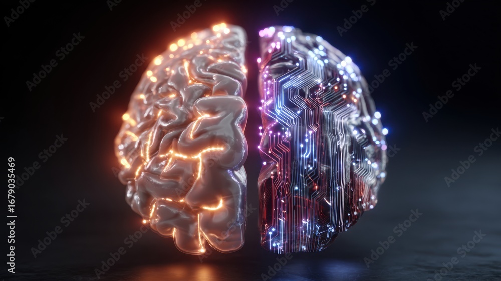 Poster a brain split in two: one half organic with soft textures and warm colors, the other metallic with c