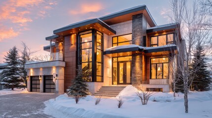 This stunning modern house features large windows and elegant design, set against a snowy landscape as the sun sets, illuminating the architecture in warm hues.