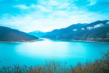 Zhinvali reservoir frontal view giving the path of the river in the distance