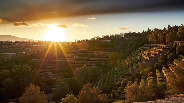 Breathtaking golden hour sunset over a beautiful terraced vineyard landscape in the countryside.