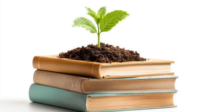 Three books are stacked on top of each other, with soil on top of the uppermost book. A small green plant is sprouting from the soil, representing education and growth.