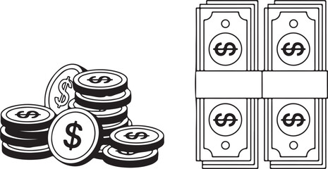 Stacks of Dollar Bills and Coins with Dollar Signs - Black and White Illustration
