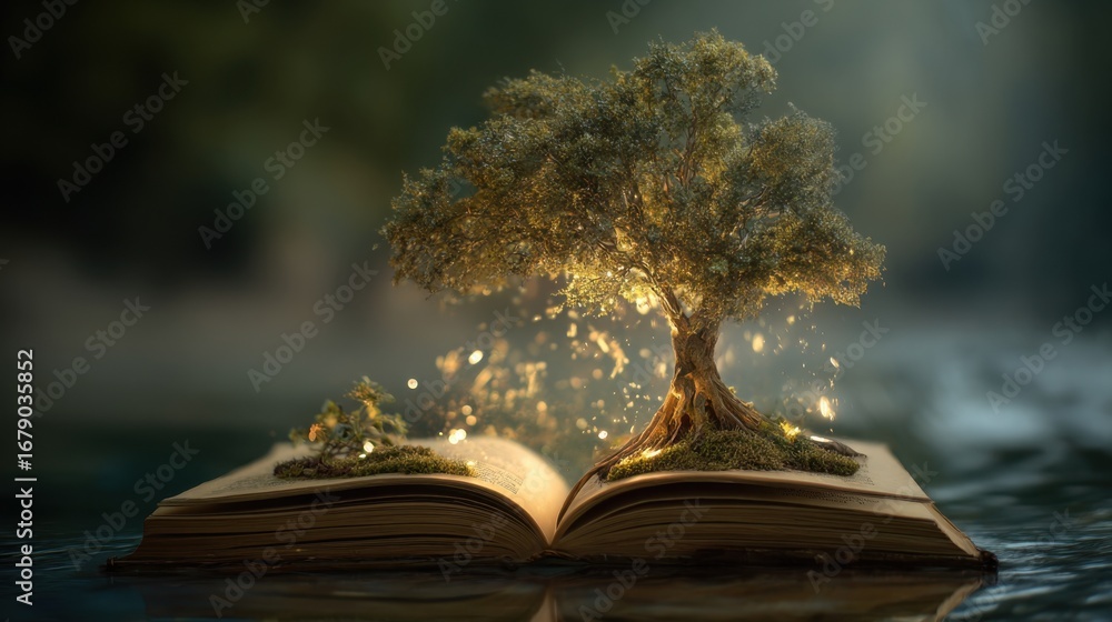 Poster a large book lies open with a glowing tree emerging from its pages. surrounding it are shimmering pa
