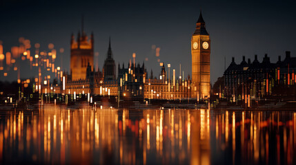 Obraz premium An evening view of the iconic London skyline featuring the Big Ben and the Houses of Parliament reflected in the Thames.
