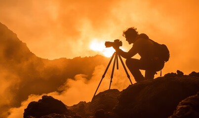A man photographing in extreme conditions at the crater of an active volcano, bucket list - to sea of lava, fire and smoke in volcanic crater, extreme adventure in the wilderness, AI-generated