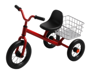 Red tricycle with a molded plastic seat and rear storage basket