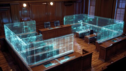 Futuristic courtroom design integrating artificial intelligence for modern legal practices