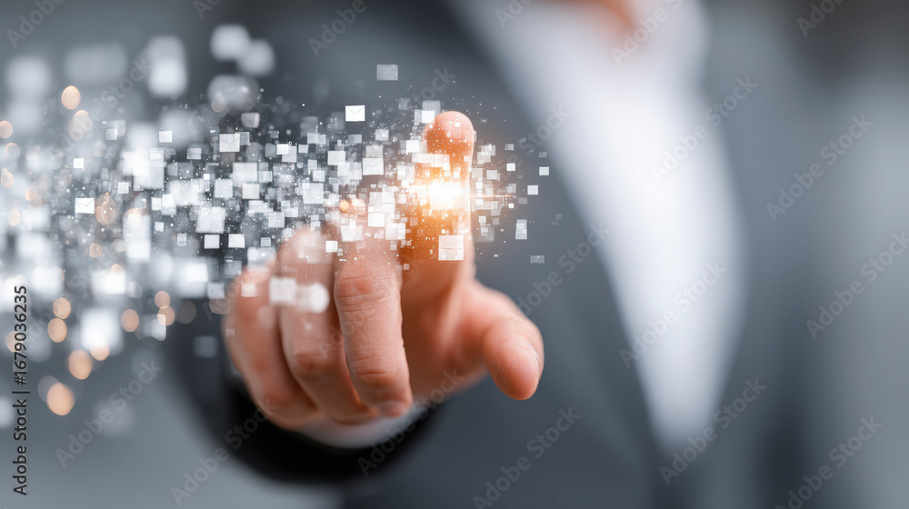 Poster a person in a business suit interacting with floating digital pixels, symbolizing advanced technolog