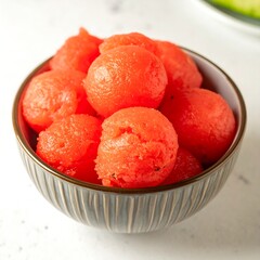 A bowl brimming with vibrant, round watermelon sorbet balls, showcasing a refreshing, summery treat.