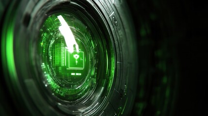 Futuristic Green Holographic Technology Interface Displaying Digital Data and Graphics in a Dark Background