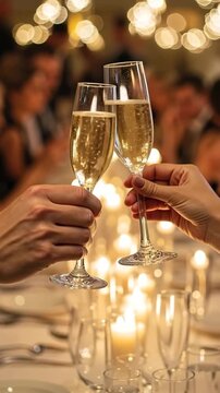 Hand holding glass of champagne, people cheering, friends, party nightclub, wedding, cheering, family, sparkling wine, luxury, 4K, vertical video, social media, 9:16, insta story