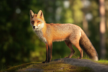 Obraz premium Red fox standing on mossy rock in sunlit forest, alert gaze and rich orange fur conveying serene wild beauty
