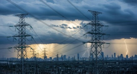 Fototapeta na wymiar Urban power lines and electricity grid with multiple pylon towers under dramatic stormy sky. Lightning bolt near city skyline in a dramatic scene.
