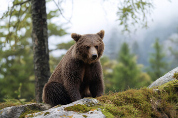 Obraz premium Calm brown bear sitting on mossy rock in misty forest, peaceful atmosphere and soft natural light
