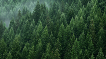 Dense evergreen forest with misty atmosphere, layered conifer canopy, lush green texture, tranquil mood