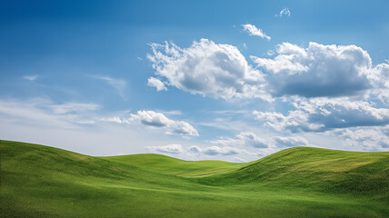 Fototapeta premium Rolling green hill landscape under blue sky with fluffy clouds evoking calm and openness